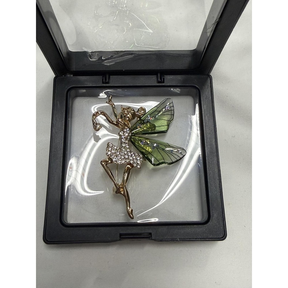 Fairy Brooch Pin with Green Wings and Rhinestone Dress
